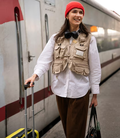 Dua Lipa and Callum Turner with vintage luggage stickers at St. Pancras station